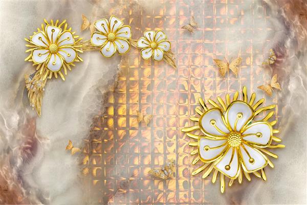 پوستر سه بعدی گل های سفید و طلایی با زمینه مرمر