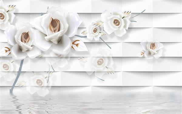 گل های سفید و رزگلد و انعکاس آنها در آب با زمینه مثلث برجسته