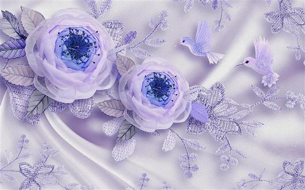 پوستر سه بعدی گل های جواهرنشان آبی و بنفش با پرندگان زیبا