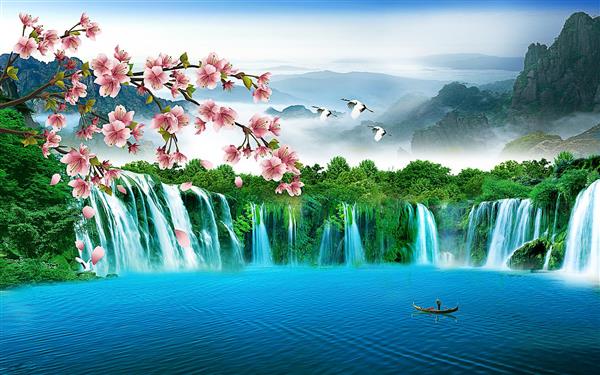 شکوفه های صورتی با آبشار و رودخانه و لک لک طرح سه بعدی