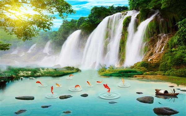 منظره آبشار در جنگل کنار رودخانه با ماهی پوستر سه بعدی