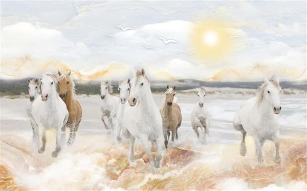 خورشید تابان و اسب های زیبا در حال دویدن روی امواج دریا