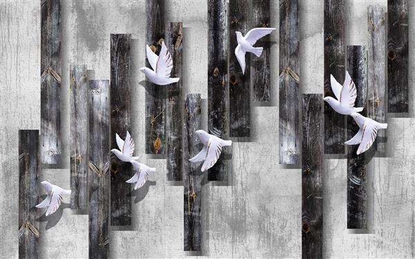 پوستر سه بعدی کبوترهای سفید زیبا در زمینه برجسته چوبی