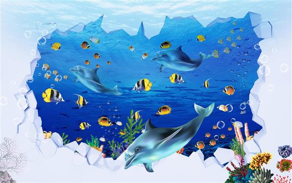 شکاف دیوار با دلفین و ماهی های رنگی در اعماق آب