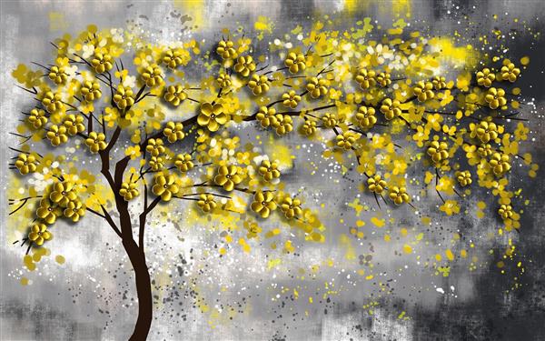 پوستر نقاشی آبرنگی درخت با شکوفه های طلایی 