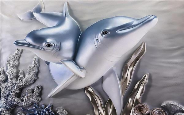 پوستر حکاکی دلفین های سه بعدی با رنگ متالیک در اعماق آب