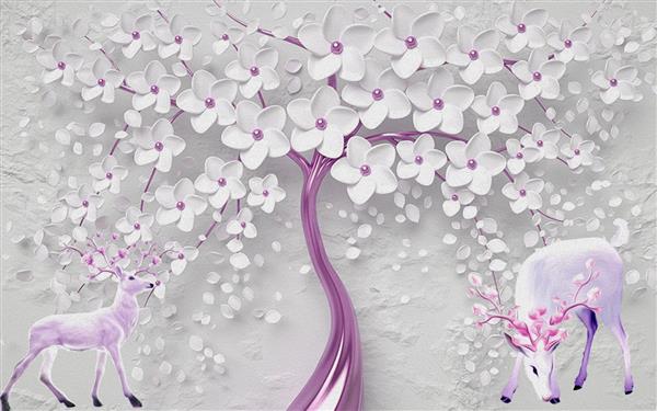 گوزن های تیزپا و درخت پر شکوفه با تنه بنفش متالیک
