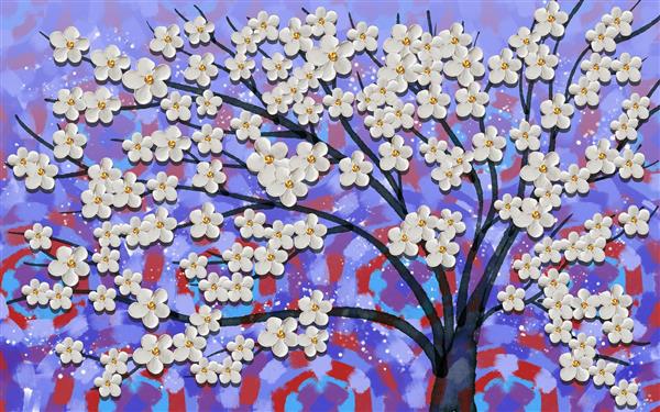 پوستر درخت با شکوفه های سفید سه بعدی در زمینه بنفش و قرمز و آبی