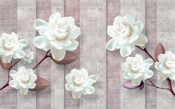 گل های سه بعدی سفید در پس زمینه راه راه برجسته