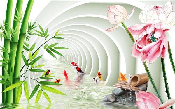 تونل سه بعدی با آب و ماهی های رنگی و گل و بامبو