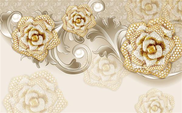 طرح گل های جواهرنشان سه بعدی با مروارید و شاخه های تزیینی