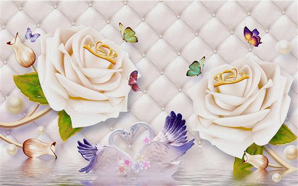 طرح سه بعدی قوهای جواهرنشان با گل رز و پروانه های رنگی در زمینه چرمی