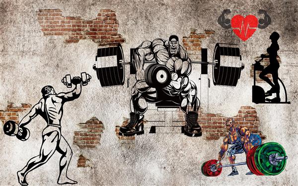 طرح قوی ترین مردان در ورزش های وزنه برداری و بدنسازی بر روی دیوار آجری