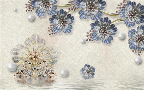 گل های جواهرنشان سفید و آبی با مرواریدهای سفید