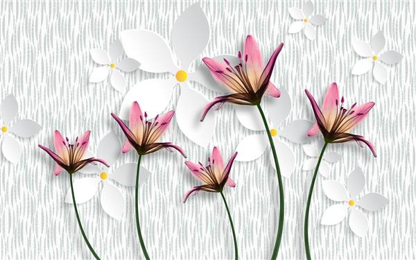 طرح سه بعدی گل های صورتی با شکوفه های سفید و زرد