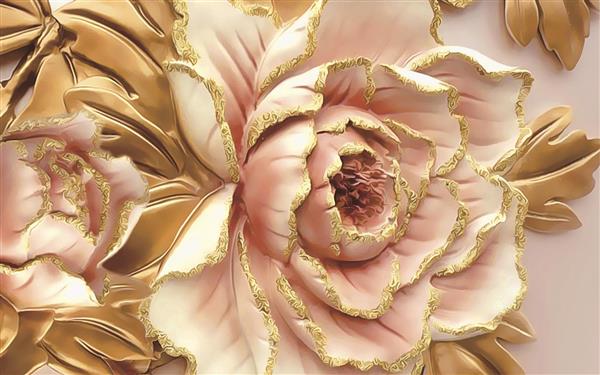 طرح سه بعدی گل های درشت صورتی با برگ های طلایی