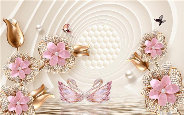 طرح سه بعدی گل های جواهرنشان صورتی با قوهای زیبا و مروارید