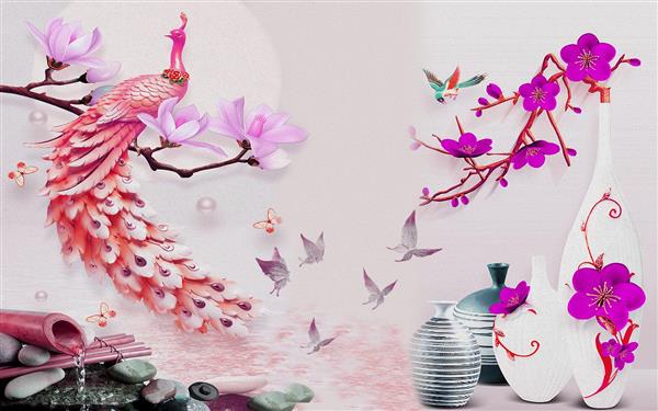 طرح سه بعدی کوزه و طاووس با شکوفه های صورتی و بنفش
