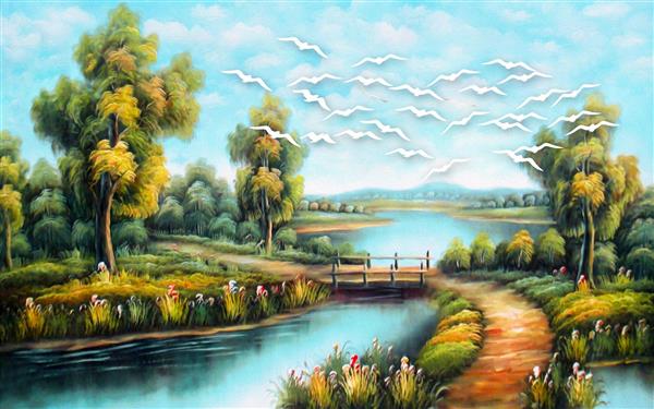 طرح نقاشی رنگ و روغن پل بر روی رودخانه 