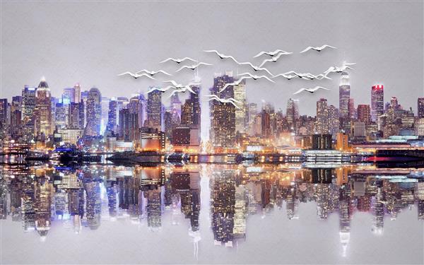 طرح منظره آسمان خراش های نیویورک و انعکاس آن ها در آب