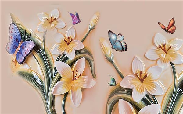 طرح سه بعدی حکاکی گل و پروانه های رنگارنگ