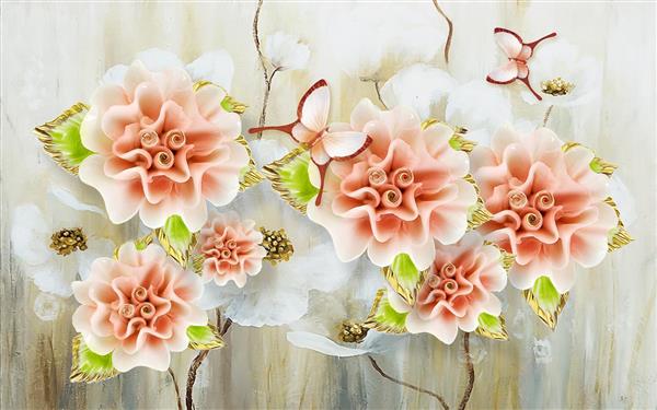 طرح نقاشی رنگ و روغن پروانه و گل های صورتی و سفید