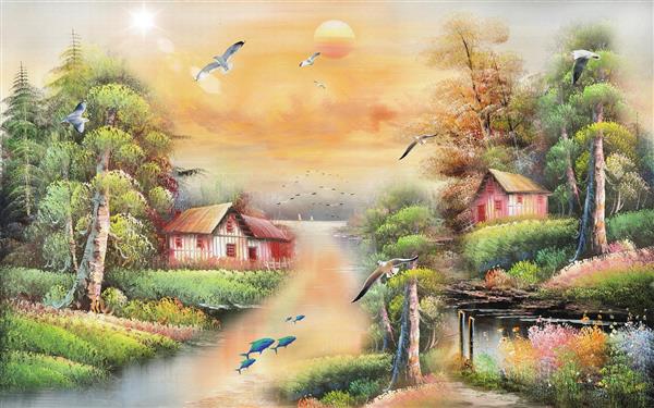 طرح نقاشی رنگ و روغن درختان و کلبه های کنار رودخانه