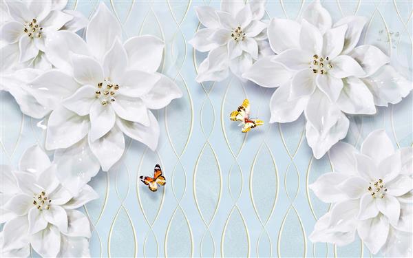 طرح سه بعدی گل های سفید و پروانه های رنگی 