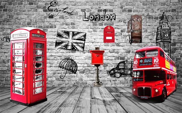 طرح سه بعدی اتوبوس و کیوسک تلفن قرمز بر روی دیوار آجری با نمادهای لندن 