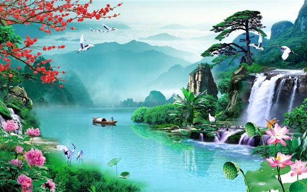طرح آبشار و درخت و شکوفه در جنگل با رودخانه پر آب و قایق