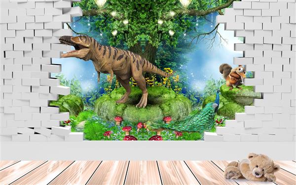 طرح سه بعدی دیوار آجری شکسته با دایناسور و سنجاب و طاووس در جنگل