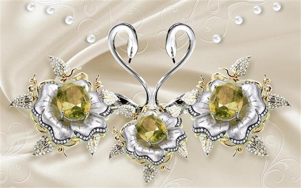 قو و گل های نقره ای و طلایی جواهرنشان با مروارید و الماس