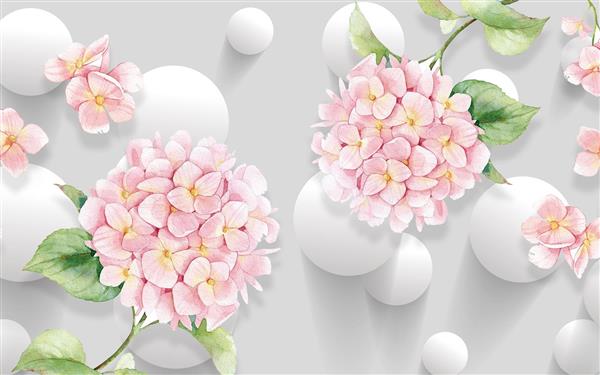 طرح آبرنگی سه بعدی گل و شکوفه صورتی با کره های سفید