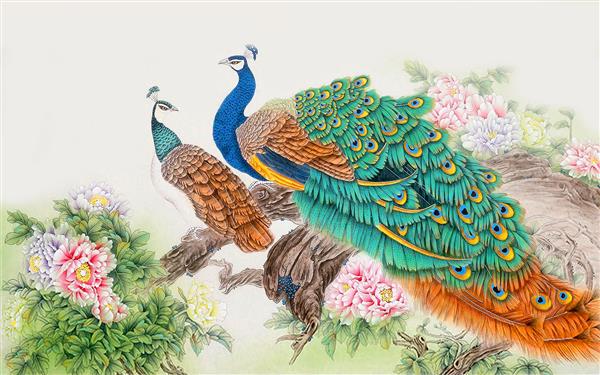 طاووس های زیبا بر روی شاخه ای با گل های رنگی طرح سه بعدی