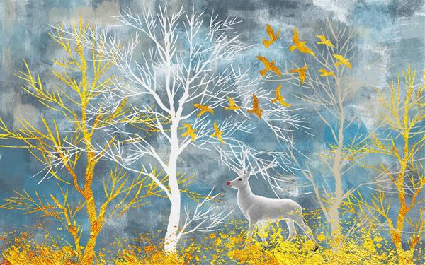 نقاشی گوزن در جنگلی با درخت های سفید و زرد