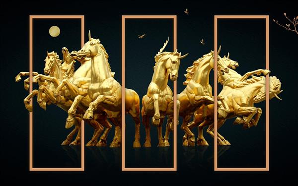 طرح سه بعدی لاکچری اسب های شاخدار طلایی برجسته با قاب های مستطیل
