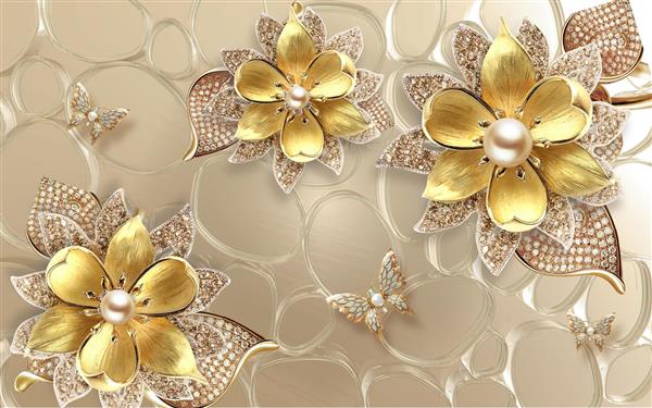طرح سه بعدی گل های جواهرنشان طلایی با مروارید و پروانه