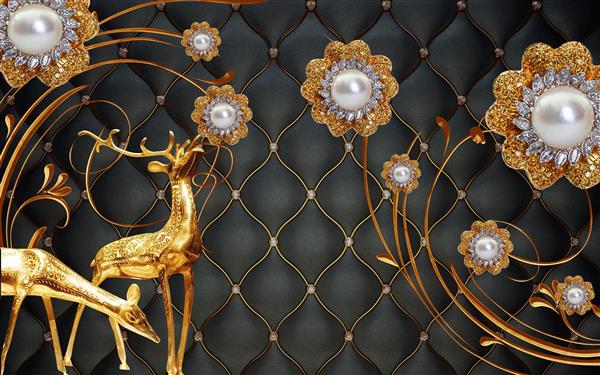 طرح پوستر سه بعدی گل های جواهرنشان طلایی با مروارید و گوزن و آهو در زمینه چرمی