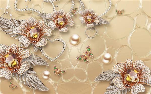 طرح سه بعدی پروانه و گل های جواهرنشان با مرواریدهای طلایی