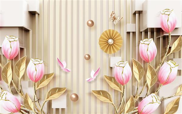 طرح سه بعدی گل های سفید و صورتی با برگ های طلایی و پروانه و مروارید
