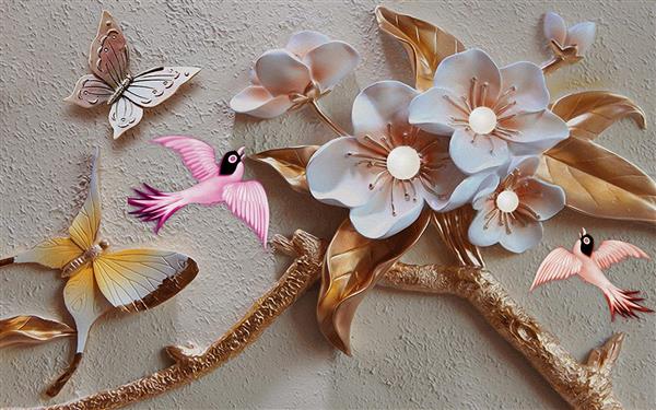طرح سه بعدی حکاکی شکوفه های سفید و طلایی با پرنده و پروانه های رنگی