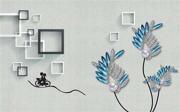 طرح سه بعدی گل های جواهرنشان مرواریدی آبی با قاب های سفید و سیاه در زمینه