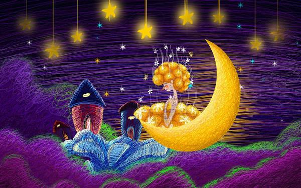طرح سه بعدی دختری با مرواریدهای طلایی روی ماه در آسمان پر ستاره شب