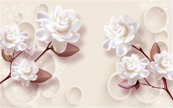 طرح سه بعدی گل های سفید و کرم با برگ های قهوه ای 