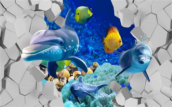 طرح سه بعدی دیوار سنگی شکسته و دلفین های بازیگوش در دنیای زیر آب
