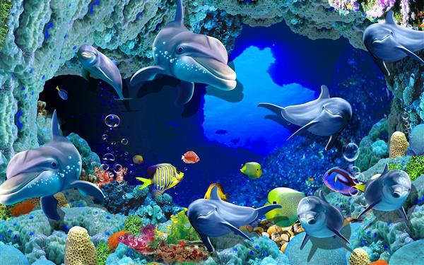 طرح پوستر سه بعدی دلفین ها در اعماق دریا
