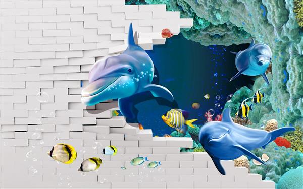 طرح سه بعدی دیوار آجری شکسته و دلفین های بازیگوش