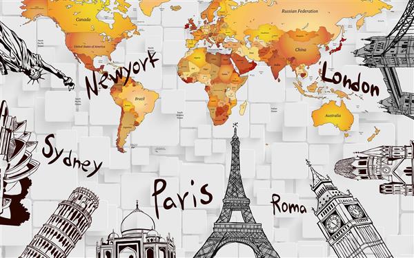 طرح نقشه جهان با نام و نماد شهرهای بزرگ دنیا
