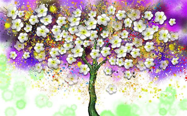 طرح سه بعدی درخت پر شکوفه در پس زمینه رنگی