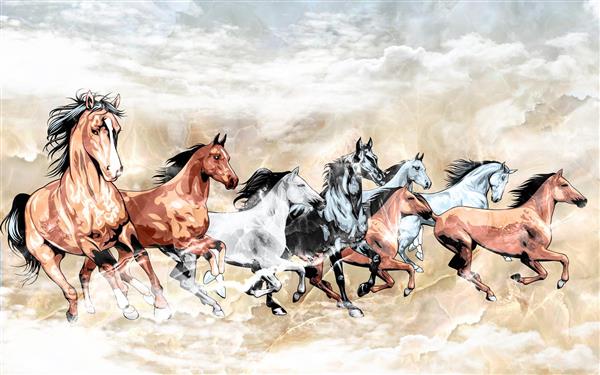 طرح نقاشی پوستر گله اسب ها با پس زمینه مرمر